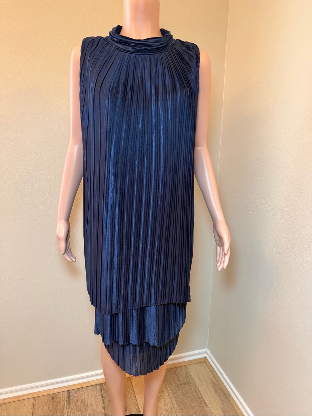 London Times Navy Pleated Asymmetrical Midi Dress